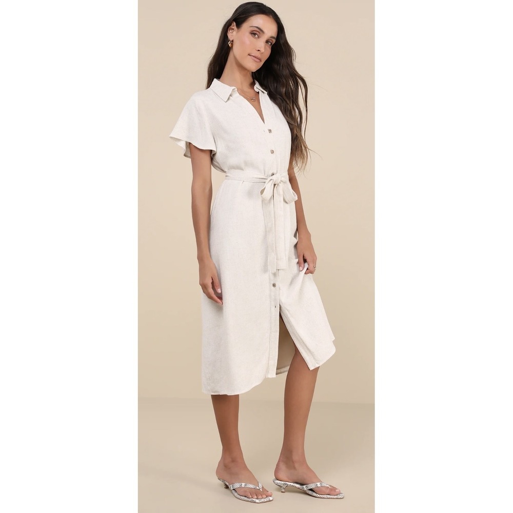Lulus Italian Summer Beige Linen Midi Dress Womens XS Collared Belted Button Up